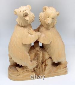 One-of-a-Kind Two Little Bears with Fish Wood Carved Figurine 11.5 Nature Woo