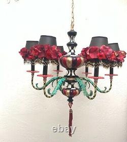 One of a Kind Whimsical 6 Arm Chandelier NIGHT BLOOM Floral Hand Painted Beaded