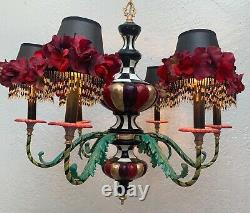 One of a Kind Whimsical 6 Arm Chandelier NIGHT BLOOM Floral Hand Painted Beaded