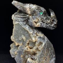 One of a kind Natural Hand Carved Geode Druzy Quartz Crystal Dragon