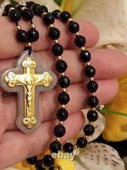 One ofa KIND Crucifix Cross Pendant Rosary 18k Gold Necklace Gemstone Christian