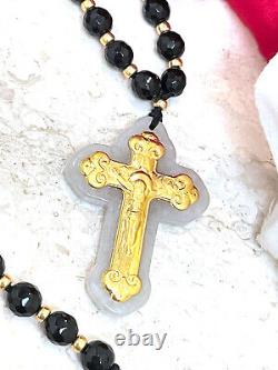 One ofa KIND Crucifix Cross Pendant Rosary 18k Gold Necklace Gemstone Christian