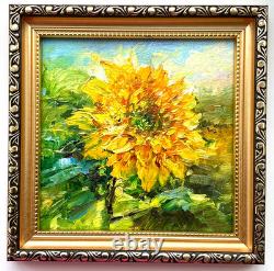 Original Oil Painting Yellow Sunflower Art Signed 6x6in Impasto Flowers Solis