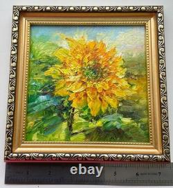 Original Oil Painting Yellow Sunflower Art Signed 6x6in Impasto Flowers Solis