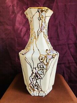 Original One-Of-A-Kind 24k Gold Colorful Porcelain Hexagonal Vase 12 Tall RARE