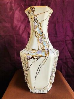 Original One-Of-A-Kind 24k Gold Colorful Porcelain Hexagonal Vase 12 Tall RARE