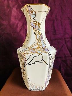 Original One-Of-A-Kind 24k Gold Colorful Porcelain Hexagonal Vase 12 Tall RARE