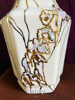 Original One-Of-A-Kind 24k Gold Colorful Porcelain Hexagonal Vase 12 Tall RARE