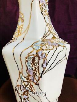 Original One-Of-A-Kind 24k Gold Colorful Porcelain Hexagonal Vase 12 Tall RARE