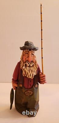 Original One of a Kind Signed & Hand-Carved David Frykman Fisherman withPole 8.5