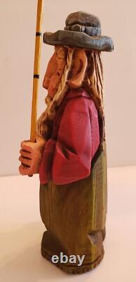 Original One of a Kind Signed & Hand-Carved David Frykman Fisherman withPole 8.5