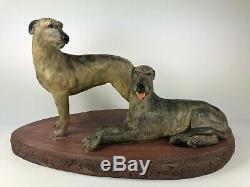 Outstanding Pair Of Irish Wolfhound Dog Figurines On A Plinth, One-of-a-kind