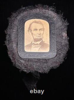 Political 1865 Abraham Lincoln Mourning Cockade Albumen Photo & Black Ribbon