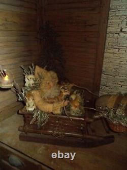 Primitive santa claus, antique reindeer, vintage sleigh, One of a Kind handmade