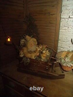 Primitive santa claus, antique reindeer, vintage sleigh, One of a Kind handmade