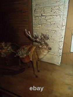 Primitive santa claus, antique reindeer, vintage sleigh, One of a Kind handmade