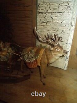 Primitive santa claus, antique reindeer, vintage sleigh, One of a Kind handmade