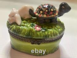 RARE One Of Kind Porcelain Rabbit &Turtle or Tortoise & Hare Trinket Box