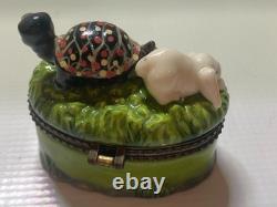 RARE One Of Kind Porcelain Rabbit &Turtle or Tortoise & Hare Trinket Box