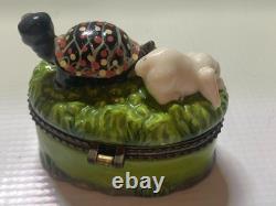 RARE One Of Kind Porcelain Rabbit &Turtle or Tortoise & Hare Trinket Box