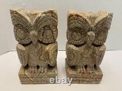RARE! Vintage ONE OF A KIND ART DECO STONE CARVED OWL BOOKENDS 10+ Lbs. READ