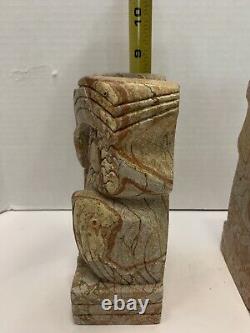 RARE! Vintage ONE OF A KIND ART DECO STONE CARVED OWL BOOKENDS 10+ Lbs. READ