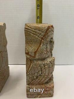 RARE! Vintage ONE OF A KIND ART DECO STONE CARVED OWL BOOKENDS 10+ Lbs. READ