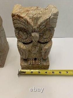 RARE! Vintage ONE OF A KIND ART DECO STONE CARVED OWL BOOKENDS 10+ Lbs. READ