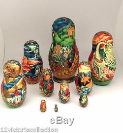 RUSLAN AND LUDMILA Unique One of the Kind Russian Nesting DOLL 10 piece Art Set