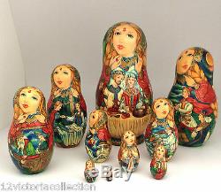 RUSLAN AND LUDMILA Unique One of the Kind Russian Nesting DOLL 10 piece Art Set