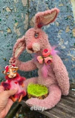Rabbit, plush bunny with miniature dog, collectible, handmade, artist made toy