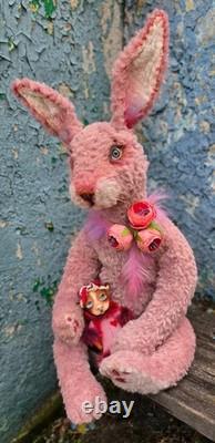 Rabbit, plush bunny with miniature dog, collectible, handmade, artist made toy