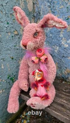 Rabbit, plush bunny with miniature dog, collectible, handmade, artist made toy