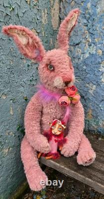 Rabbit, plush bunny with miniature dog, collectible, handmade, artist made toy