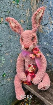 Rabbit, plush bunny with miniature dog, collectible, handmade, artist made toy