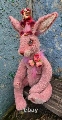 Rabbit, plush bunny with miniature dog, collectible, handmade, artist made toy