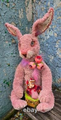 Rabbit, plush bunny with miniature dog, collectible, handmade, artist made toy