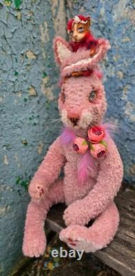 Rabbit, plush bunny with miniature dog, collectible, handmade, artist made toy