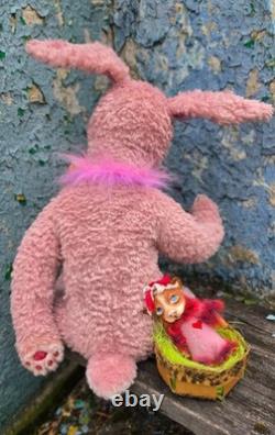 Rabbit, plush bunny with miniature dog, collectible, handmade, artist made toy