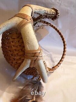 Rare Art One of a Kind Native American Navajo Hand Woven Antler Basket