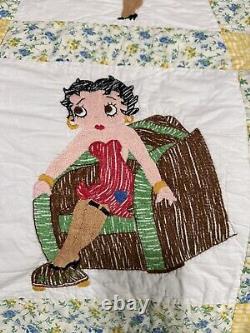 Rare One Of A Kind Vintage Embroidered Betty Boop Quilt, 100 X 69, 24 Squares