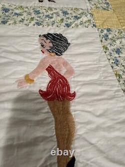 Rare One Of A Kind Vintage Embroidered Betty Boop Quilt, 100 X 69, 24 Squares