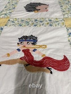 Rare One Of A Kind Vintage Embroidered Betty Boop Quilt, 100 X 69, 24 Squares