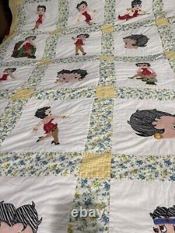 Rare One Of A Kind Vintage Embroidered Betty Boop Quilt, 100 X 69, 24 Squares