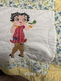 Rare One Of A Kind Vintage Embroidered Betty Boop Quilt, 100 X 69, 24 Squares