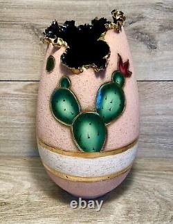 Rare One of Kind Sharon Penn Southwestern Pottery Vase Trimmed 22K Gold Cactus