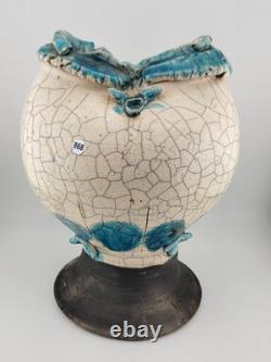 Rare Unique One Of A Kind Vintage Crackled Style Ceramic Vase W 2 Openings