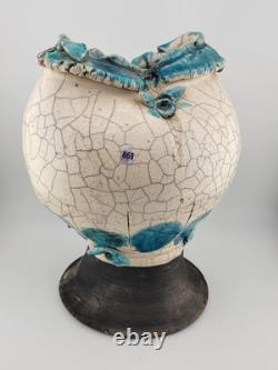 Rare Unique One Of A Kind Vintage Crackled Style Ceramic Vase W 2 Openings