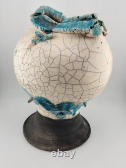 Rare Unique One Of A Kind Vintage Crackled Style Ceramic Vase W 2 Openings