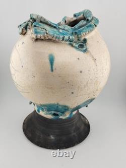 Rare Unique One Of A Kind Vintage Crackled Style Ceramic Vase W 2 Openings